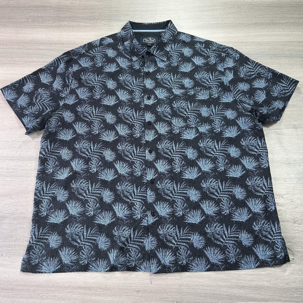 Nat Nast Shirt Mens XL Black Blue Palm Leaf Pattern Silk Cotton Button Up Casual